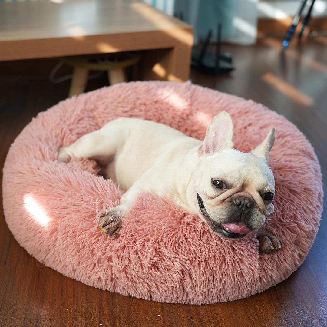 Calming Donut Dogs Beds for Small Dogs Washable,23inch Plush Round Pet Bed for Cozy Sleep,Fluffy Faux Fur Large Cat Bed,Fits up to 25 lbs Pets,Pink