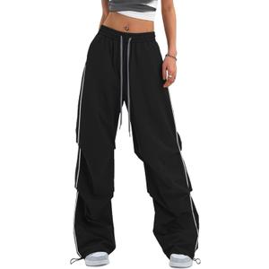 Bakyarder Womens Y2K Baggy Parachute Pants High Waist Wide Leg Casual Track Pants with Adjustable Drawstring Waist (X-Large, Black)