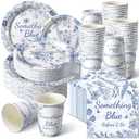 Zhehao 250 Pcs Something Blue Bridal Shower Plates Napkins Sets 50 Pcs 9'' Dinner Plates and 7'' Dessert Plate and 9oz Cups 100 Napkins Serves 50 Party Supplies Bridal Shower Engagement Decoration