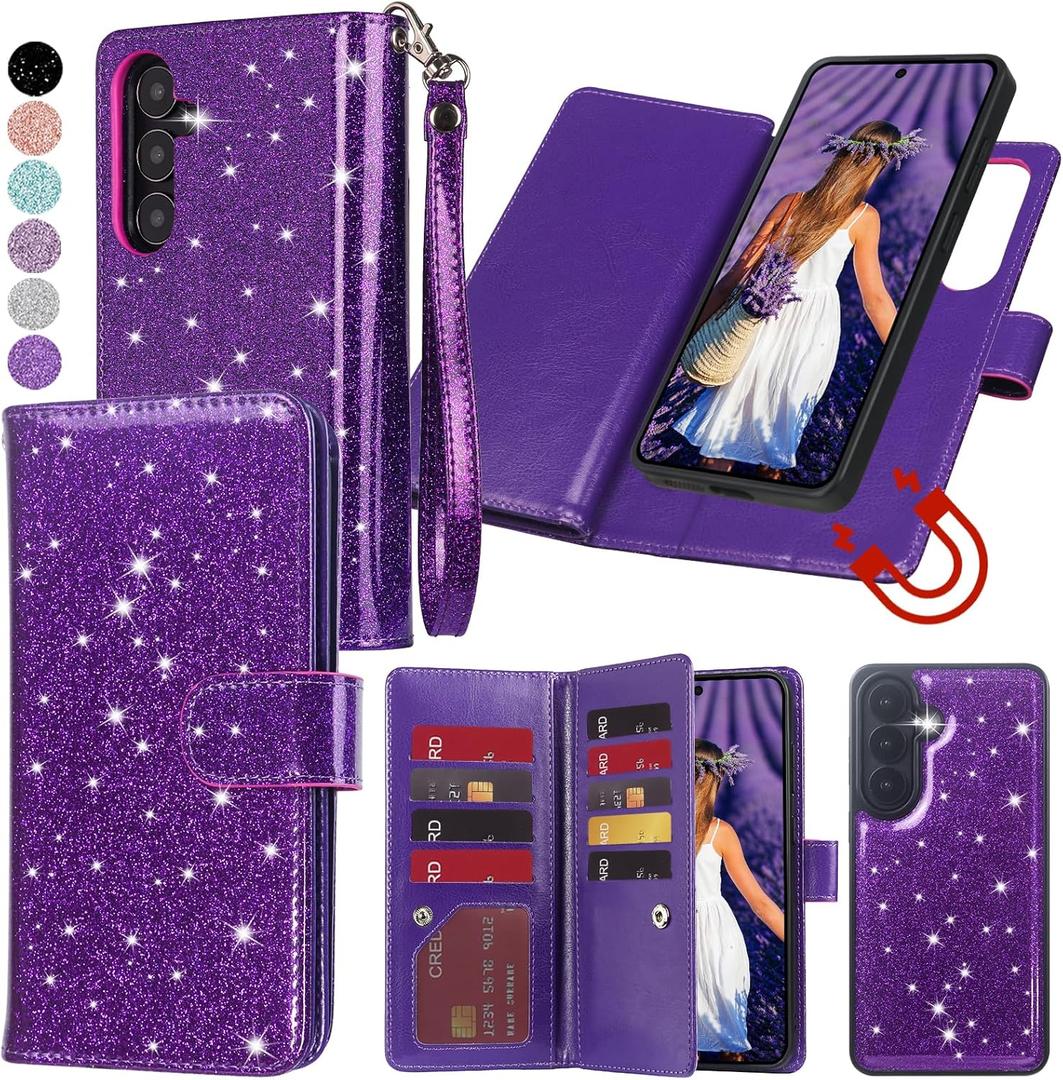 Varikke for Samsung Galaxy S26+ /S26 Plus Wallet Case Detachable with RFID Blocking Card Holder for Women, Glitter Leather Strap Magnetic Flip Removable Case for Galaxy S26 Plus 6.7", Dark Purple