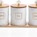 JUXYES Set of 3 Ceramic Canisters Set for Sugar Coffee Tea With Handle Tray, Luxurious Storage Containers Sets with Lids Decorative Storage Pots White Ceramic Storage Jar for Kitchen Dining Counter