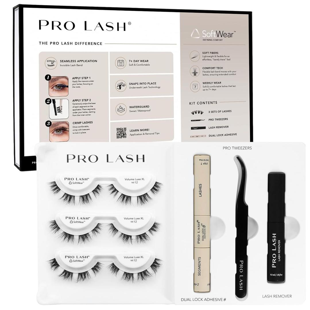 Pro Lash SoftWear Starter Lash Clusters Kit - Seamless, Lightweight Lashes - 7-Day Cluster Eyelash Extensions - 3 Sets of False Eyelashes Plus Adhesive, Remover, Tweezers - Volume Luxe XL No. 12 Black