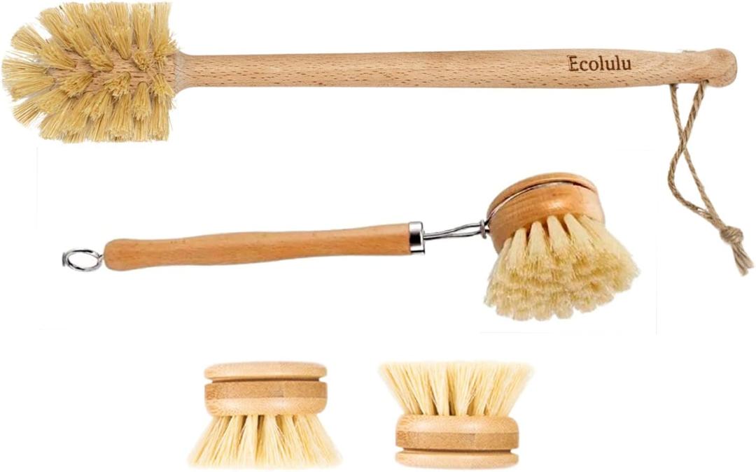 ECOLULU Natural Bamboo Dish Brush & Wood Bottle Brush for Wide Mouth Bottles, Cups and Jars, 2 Replacement Heads included (3 units total) Biodegradable, Eco Friendly Products