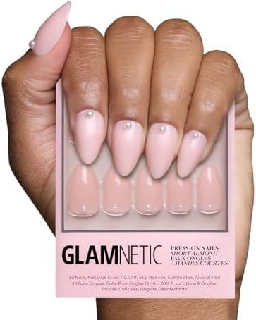 Glamnetic Press On Nails - Wifey | Short Almond Fake Nails, Nude with 3D Nail Art and Glossy Finish, Reusable Wedding Nails | 15 Sizes - 30 Nail Kit with Glue
