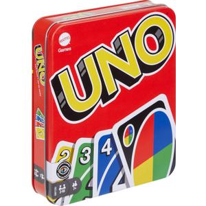 Mattel Games UNO Family Card Game, with 112 Cards in a Sturdy Storage Tin, Travel-Friendly, Makes a Great Toy for 7 Year Olds and Up