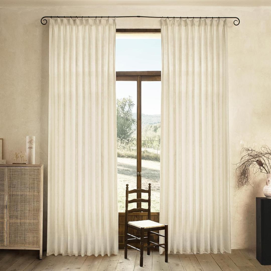 Natural Pinch Pleated Linen Curtains 84 Inch Length 2 Panels for Living Room Bedroom Textured Cream Ivory Birch Semi Sheer Boho Neutral Back Tab Hooks Rings Window Curtain
