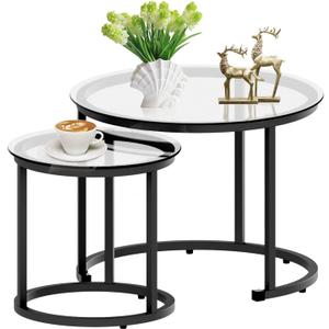 aboxoo Black Nesting Coffee Glass Table Set of 2, Metal Freme Side End Tables for Living Room Bedroom for Apartment Small Place Modern Industrial Simple, 23.6D x 23.6W x 17.7H in