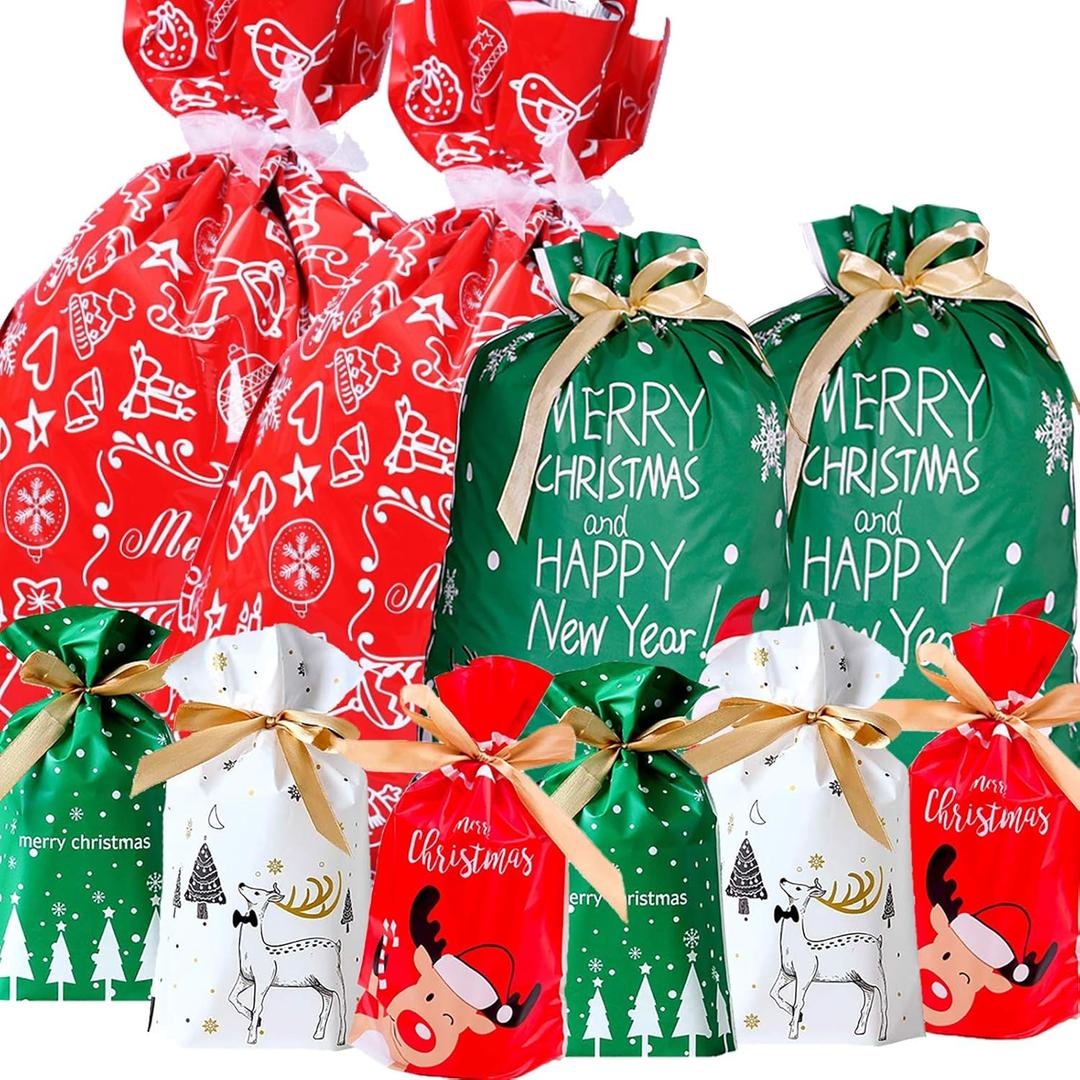 Funnlot Christmas Drawstring Gift Bags 32PCS in 7 Styles Christmas Wrapping Bags Xmas Treats Bags Christma s Party Favor Pouch Goody Sweet Treat Candy Bags with Ribbon Ties
