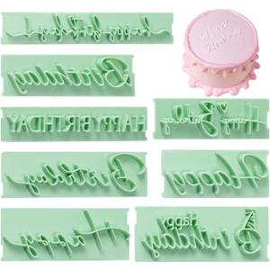 KALAIEN 8Pcs Happy Birthday Fondant Stamp,Custom Cookie Stamp, Happy Birthday Letters Embosser for Cake,DIY Cake Decorating Printing (Green Style 1)