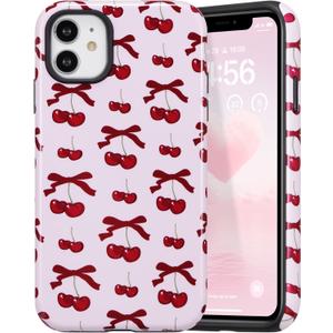 DEFBSC Case for iPhone 11, Cute Pink Bow Cherry Print Aesthetic Trendy Pattern for Women Girls Slim Durable Bumper Shockproof for iPhone 11 Case, Cartoon/Glossy