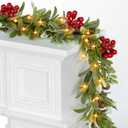 6.5FT Christmas Garland with Lights & Timer, 30 LED Pre-lit Greenery Olive Garland with Red Berry Pinecone, Battery Operated Lighted Garland for Fireplace Mantle Door Stairs Table Christmas Decoration