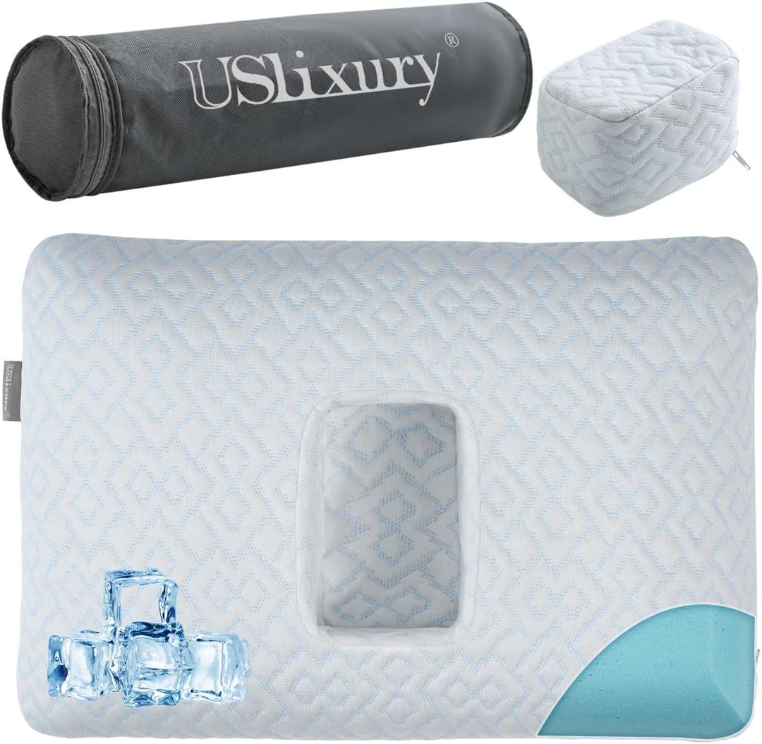 USlixury Ear Piercing Pillow with Foam Plug - Ear Pillow with Off Center and 4.7"X3.2" Hole, Soft CertiPUR-US Memory Foam, Cooling Piercing Pilow for Side Sleepers, Traveling, 16"X11"X4''