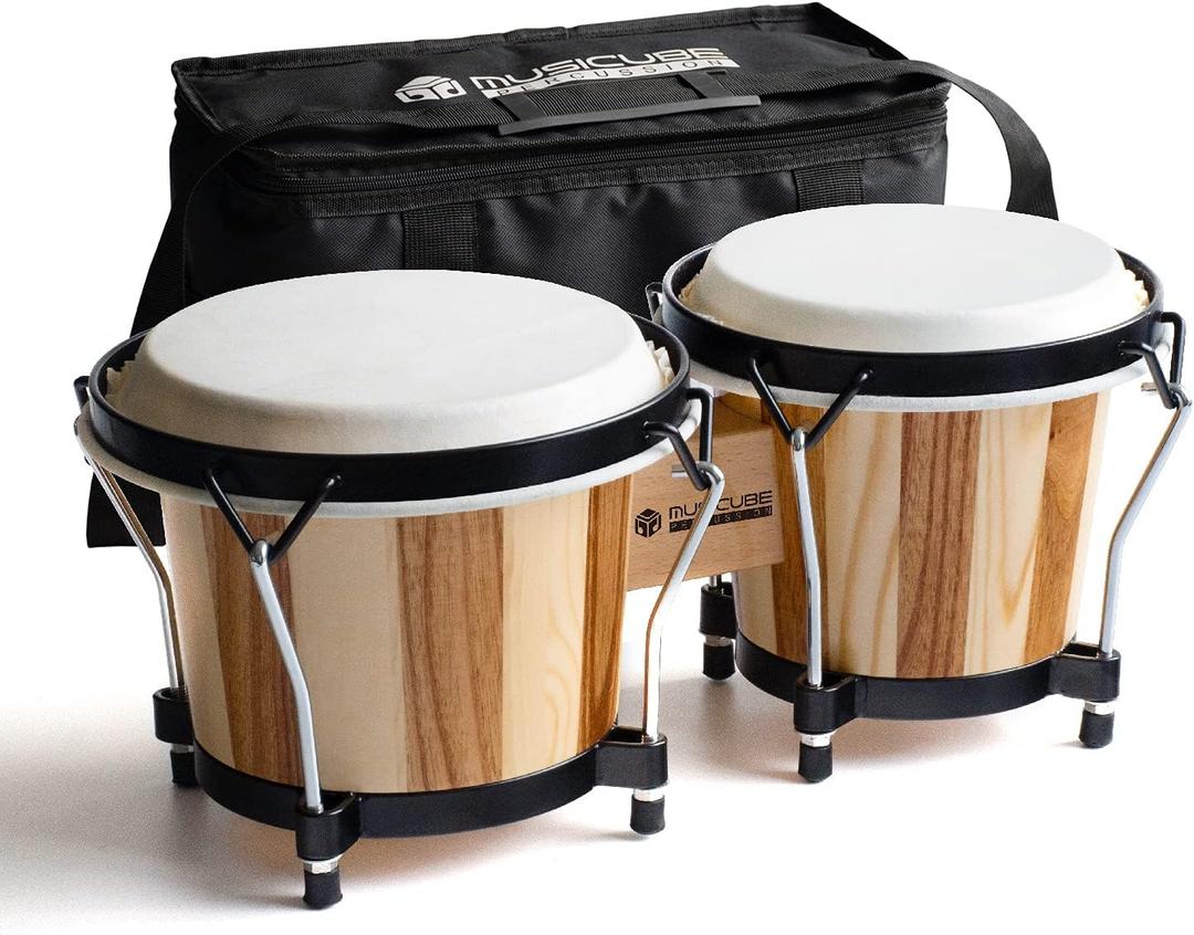 MUSICUBE Bongo Drums for Kids Adults Professional 6 and 7 Tunable Hand-Crafted Bongo Drum Percussion Instrument with Tuning Wrench and Storage Bag (Natural Skin)