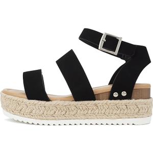 Soda Top Shoe Bryce Open Toe Buckle Ankle Strap Espadrilles Platform Wedge Casual Sandal, Black, 10