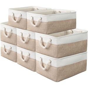8 Pack Storage Basket Bins - Decorative Baskets Bulk Storage Box Cubes Containers with Handles for Clothes Storage Bathroom, Garage, Books, Home, Office, 13.7L x 9.8W x 6.7H (White&Beige)