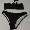 ZAFUL Women Strapless Textured Bandeau Bikini 2 Piece Swimwear Cheeky Solid Lace up Bathing Suits (1-black Wave, XL)