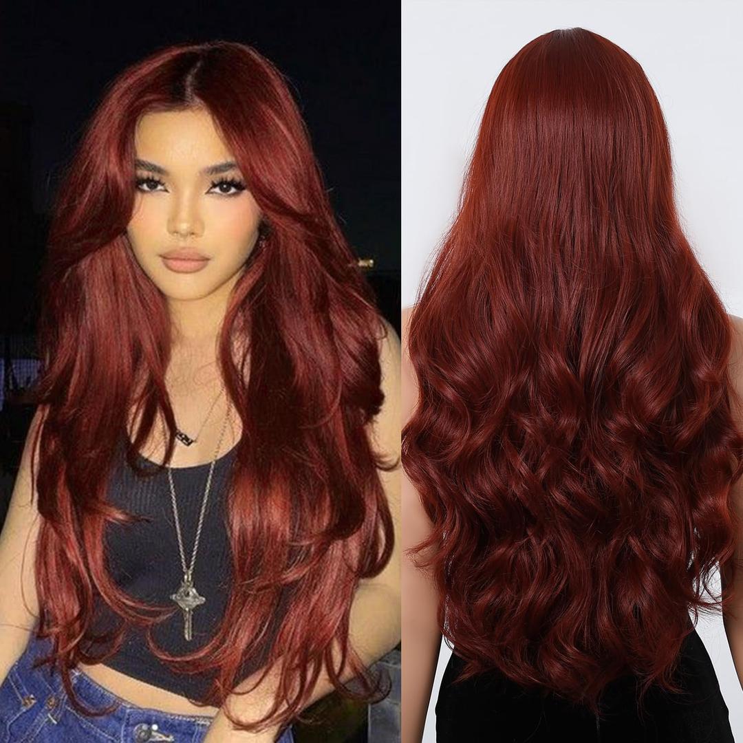 testar Copper Wig for White Women Lace Hairline Auburn Wig Middle Part Red Wigs Burgundy Wigs Reddish Brown Wig Long Wavy Synthetic Wigs for Cosplay 26IN