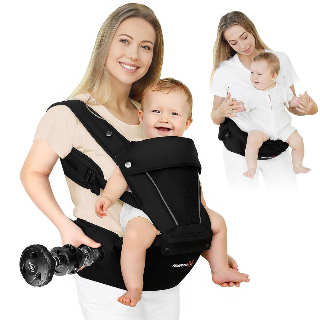 FRUITEAM Baby Carrier, Upgraded Adjustable Knob, 6-in-1 Baby Carrier Newborn to Toddler, Safety-Certified Baby Hip Seat Carrier, Perfect for Travelling Shopping Breastfeeding (Cool Black)