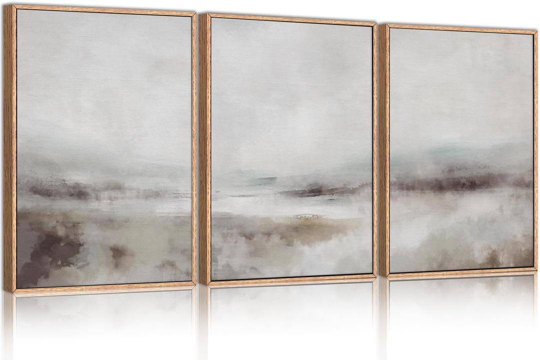 HLNIUC Large Abstract Neutral 3 Piece Wall Art Framed, Gray Lake Landscape Canvas Decor(16x24), Watercolor Smoky Mountain Wall Painting, Modern Minimalist Art Prints for Living Room, Bedroom, Office