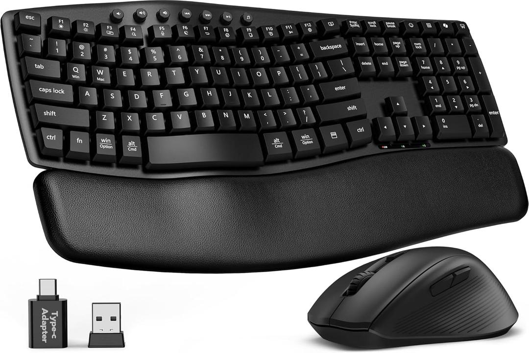 Wireless Keyboard and Mouse Combo, SABLUTE MA41 30dB Quiet Ergonomic Wave Keyboard Set with Soft Leather Palm Rest, Dual-System Switch for Windows/Mac, Ideal for Business Teams Home Office (Black)