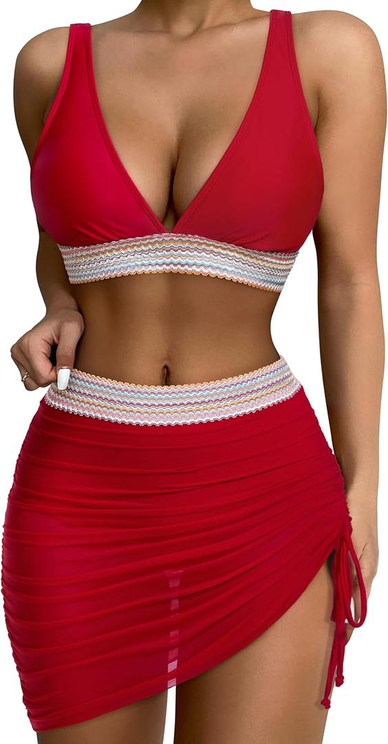 SUUKSESS Womens High Waisted Bikini Sets with Skirt Sexy Color Block Swimsuits (Medium, Red)