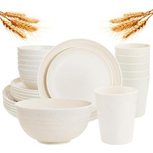 Rubtlamp 24 Pcs Wheat Straw Dinnerware Sets, Unbreakable Reusable Plastic Wheat Straw Bowls & Plates Dinner Set, Microwave And Dishwasher Safe Plates, 12Plates, 6Bowls, 6Cups for Party(Beige)