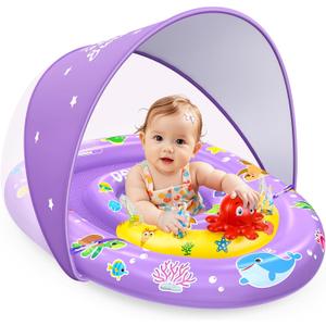 EZIGO Baby Pool Float with Canopy UPF 50+ Sun Protection, Double Air Chambers Infants Swimming Floats with Sound Toys Adjustable Safety Seat Toddler Float for Boys and Girls 6-36 Months (Purple)