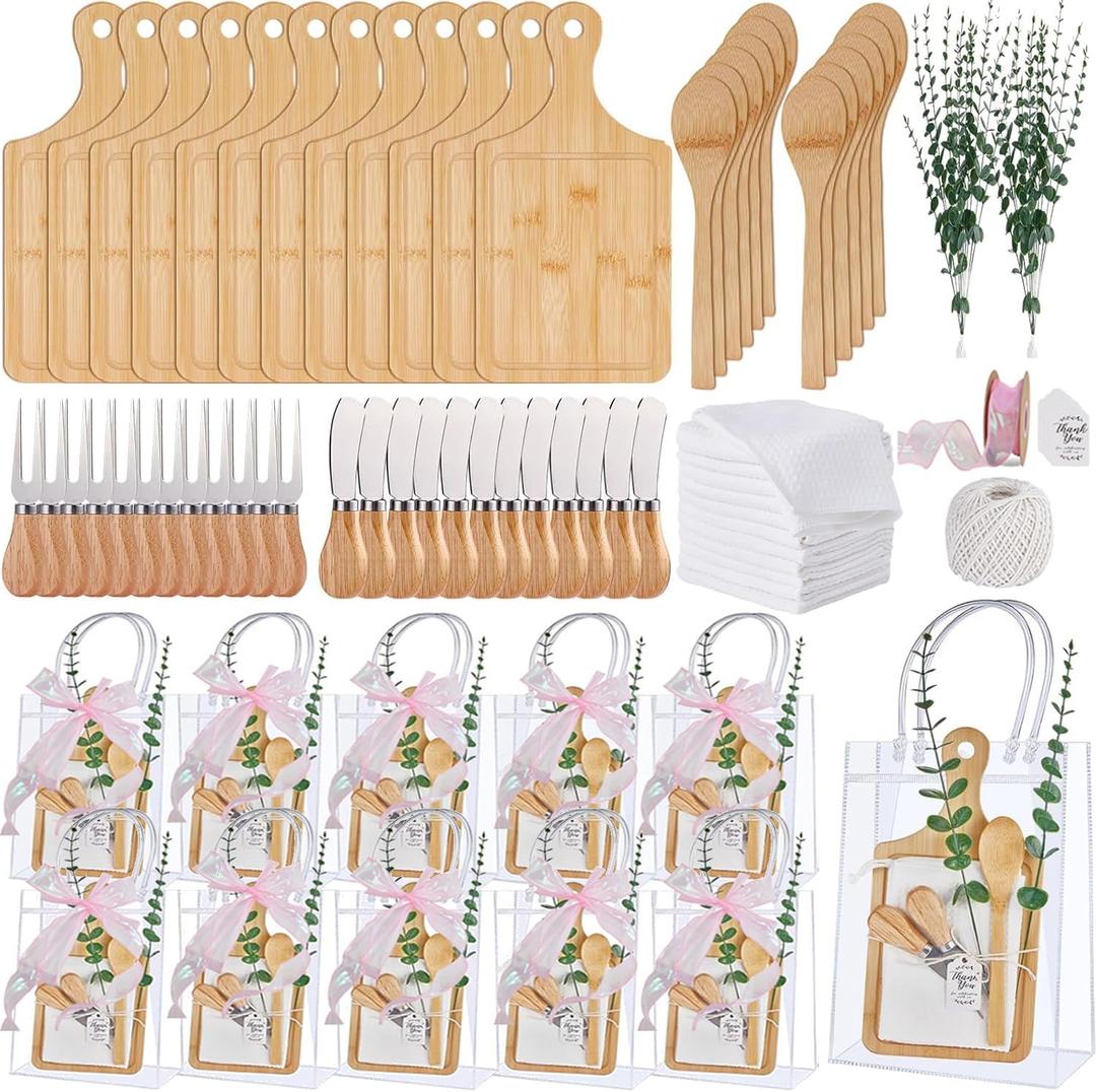 Baby Shower Prizes for Game Winners 12 Sets Bamboo Cheese Board Spoon Butter Spreaders Fork Towel Roll Ribbon Thank You Card and Gift Bags For Wedding Brida Favors Guests