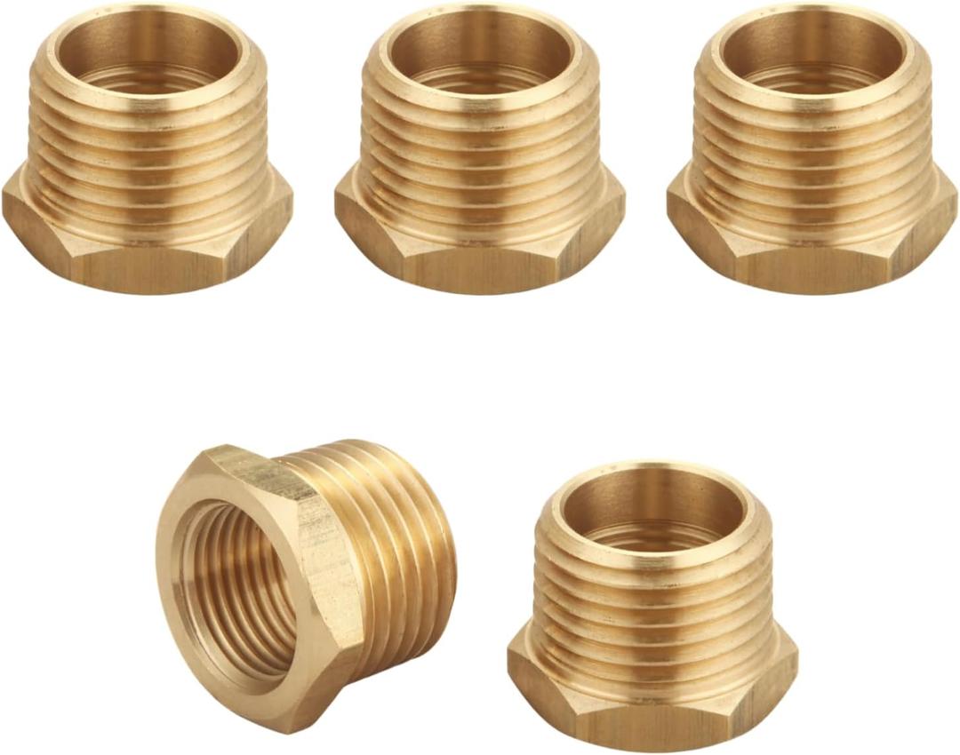 1/2 Inch NPT Male x 3/8 Inch NPT Female Brass Pipe Fitting, Hex Bushing, Reducer Adapter, Thread 0.75" OD  0.625" ID, (5 Piece)