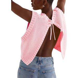 Cioatin Women Y2K Backless Tie Up Knit Crop Sweater Vest Sleeveless Round Neck Split Open Back Pullover Summer Tank Tops (Pink, M)