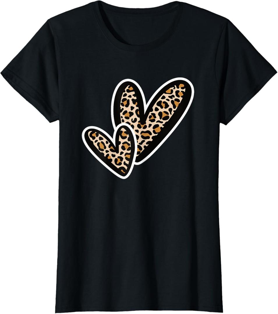 Cute Leopard Print Heart Leopard Love Women Girls T-Shirt, Black, 2XL 