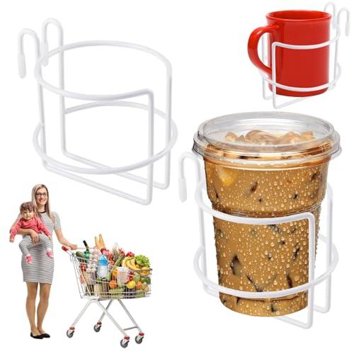 Stanley 1 Pcs Shopping Cart Cup Holder with Bottom Bar, Updated Portable Grocery Cart Drink Holder Reusable Stainless Steel Cup Holder for Hanging Coffee Cup Baby Bottle (White)