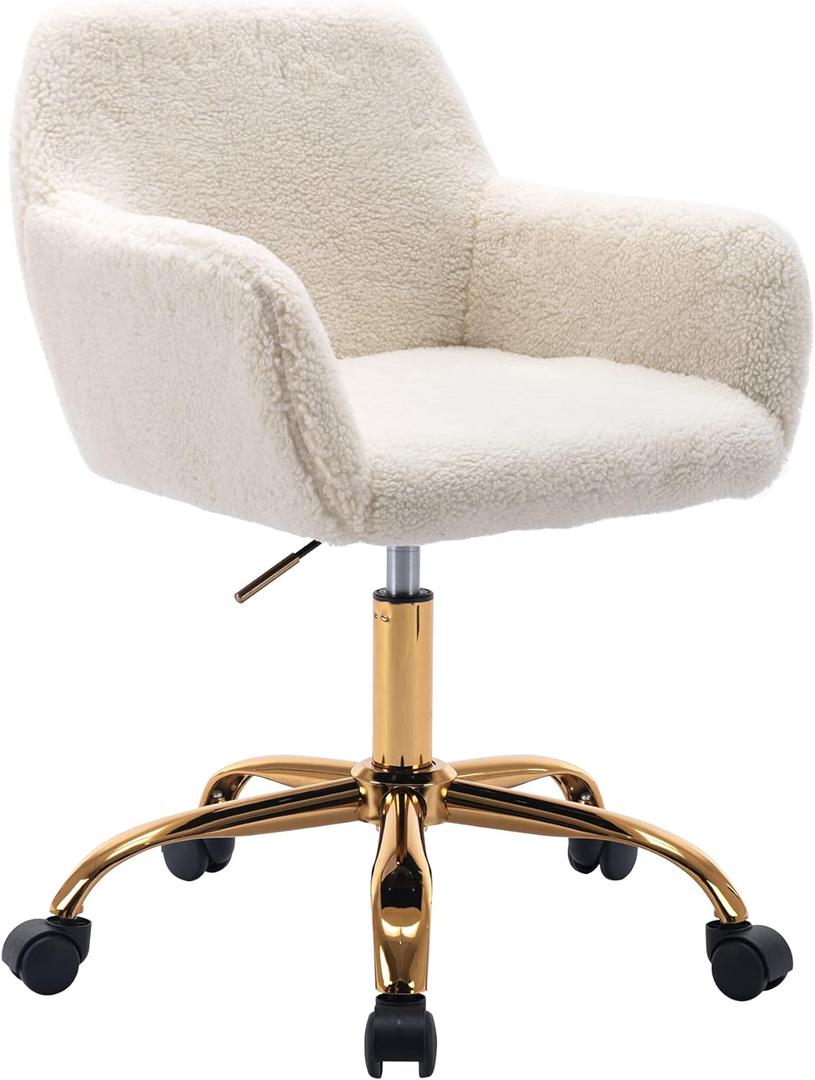KCC Faux Fur Office Desk Chair, Comfy Swivel Armchair with Wheels, Upholstered Fuzzy Vanity Chair, Adjustable Height, White, 2 Ft 2 in X 1 Ft 10 in X 2 Ft 11 in