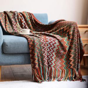 Bohemian Boho Throw Blankets, Knitted with Tassel, Outdoor Reversible Soft Cozy Lightweight Throw Blankets, Couch Bed Sofa Decorative Afghan Throw Blanket All Seasons Red 50x60 inches