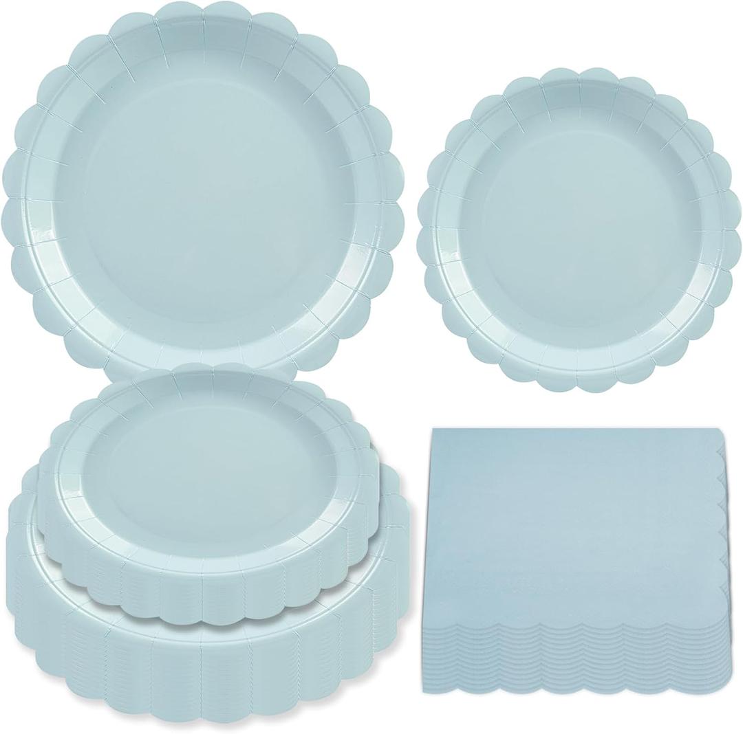 150PCS Blue Paper Plates and Napkins, 50 Guest Light Blue Disposable Tableware Set Include 7&9Inch Scalloped Paper Plates and Napkins, Decoration Supplies for Birthday Wedding Baby Shower