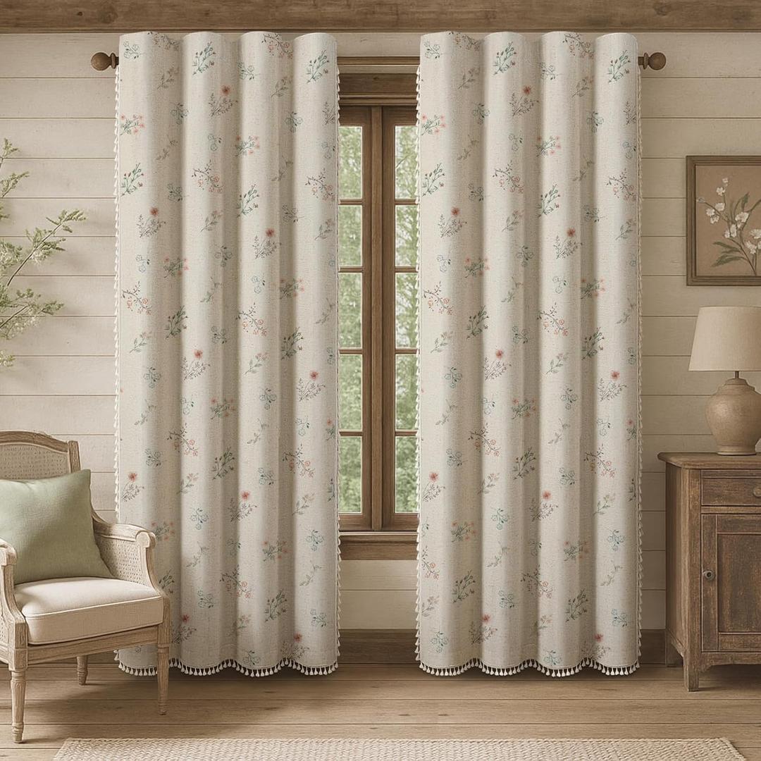 Boho Floral 100% Blackout Curtains 90 Inch Length 2 Panels Set, Linen Texture Farmhouse Curtains Beige Tassel for Living Room Bedroom Vintage Rustic Patterned Printed Western Rod Pocket