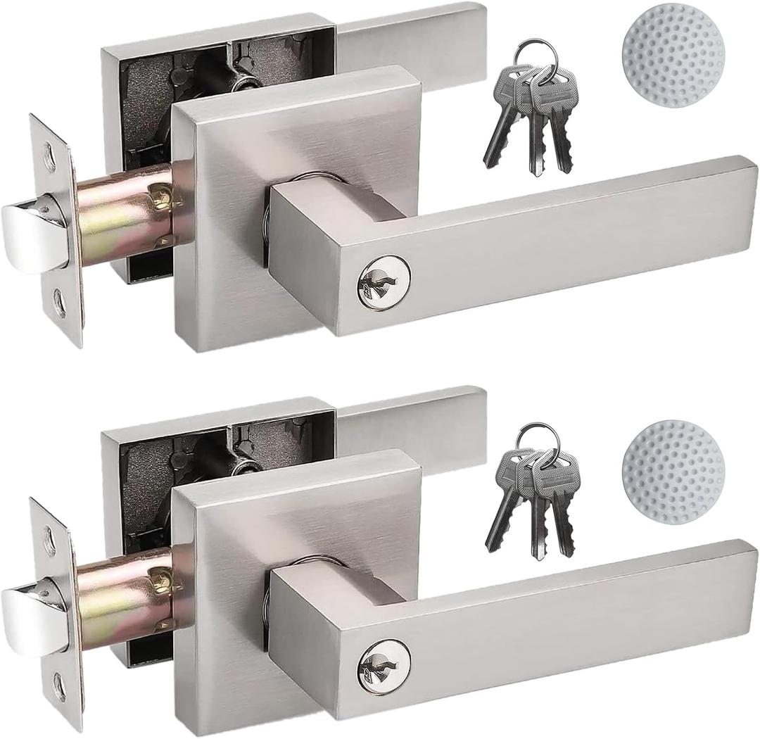 2 Pack Door Handle Heavy Duty, Keyed Alike Entry Door Lever, Door Knobs with Lock and Key (Different Keys), Square Door Lever in Satin Nickel for Bedroom, Bathroom and Front Door