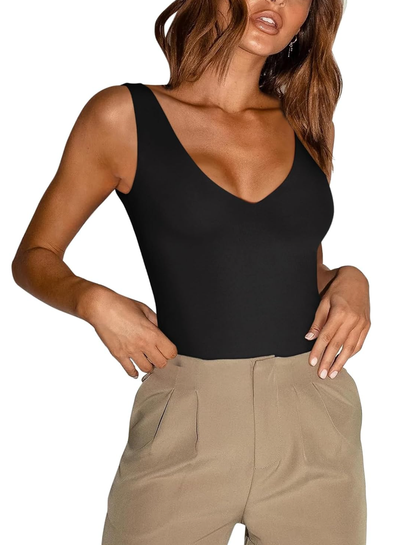 REORIA Butsmooth® Women’s Trendy Sexy Plunge Deep V Neck Sleeveless V Backless Going Out Tank Bodysuits Tops, XL