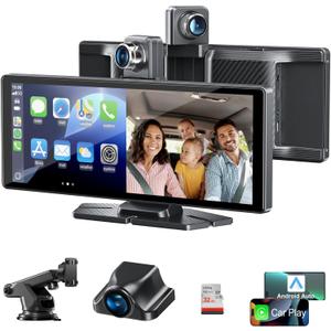 10.26" Apple Carplay Screen for Car, Wireless Car Stereo Compatible with CarPlay and Android Auto with 4K Dash Cam,1080P Rear Camera, Voice Control, Bluetooth/AUX/FM Carplay Screen for All Vehicles