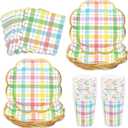 Whaline 72Pcs Easter Spring Party Supplies Pastel Plaid Disposable Dinnerware Set Colorful Checkered Scalloped Paper Napkins Plates Cups for 24 Guests Tableware Decor