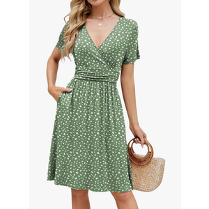 Naggoo Women's Summer Wrap V Neck Polka Dot Print Ruffle Short Sleeve Mini Floral Dress with Belt 2 XL, Green