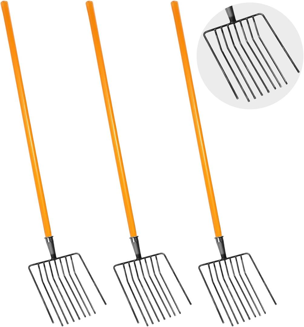 9-Tine Manure Fork, 3 Sets Heavy Duty Pitch Fork with 47.2" Wood Handle, Muck Rake Broadfork Garden Tool for Gardening Horse Stall Picking up Manure Farm