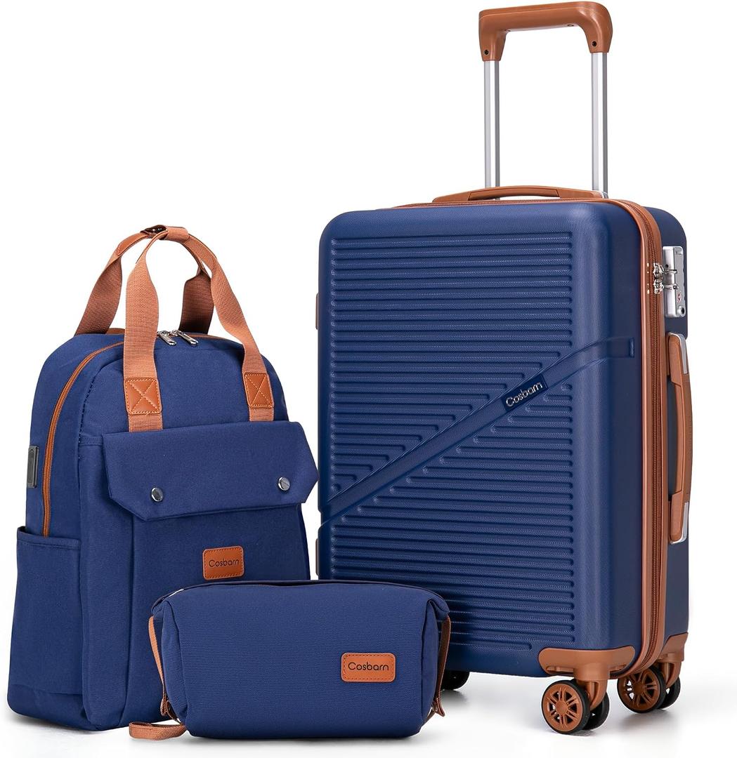 Cosbarn Carry On Luggage,3 Piece Suitcase Set,22x14x9 Airline Approved, Carry on Luggage With Backpack, Navy Blue