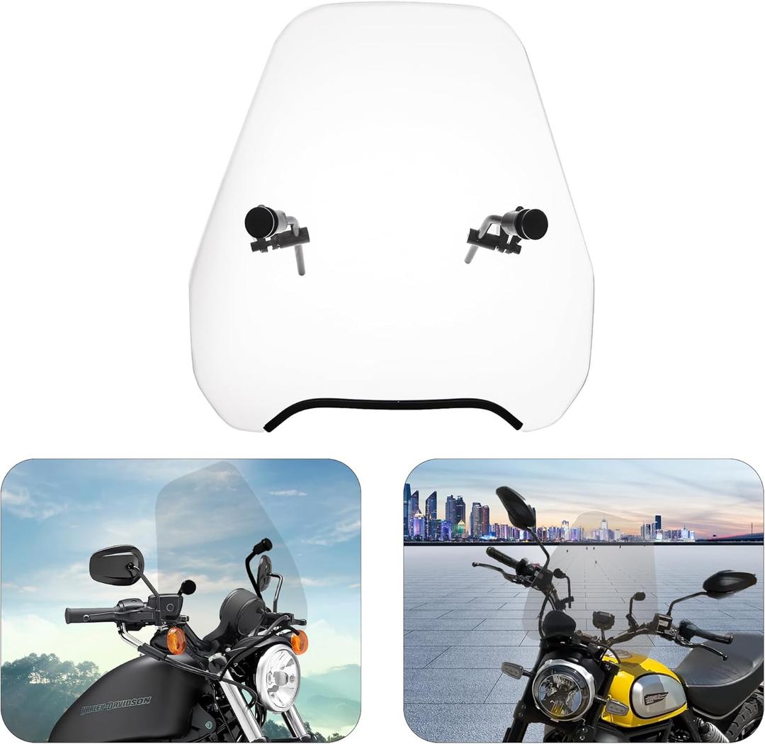 FATECIM 15" Clear Motorcycle Windscreen Windshield 1 1/8" Handlebar Mount Motorbike Wind Deflector Flyscreen Universal for Harley Davidson Honda Kawasaki Suzuki Triumph Yamaha Indian Victory