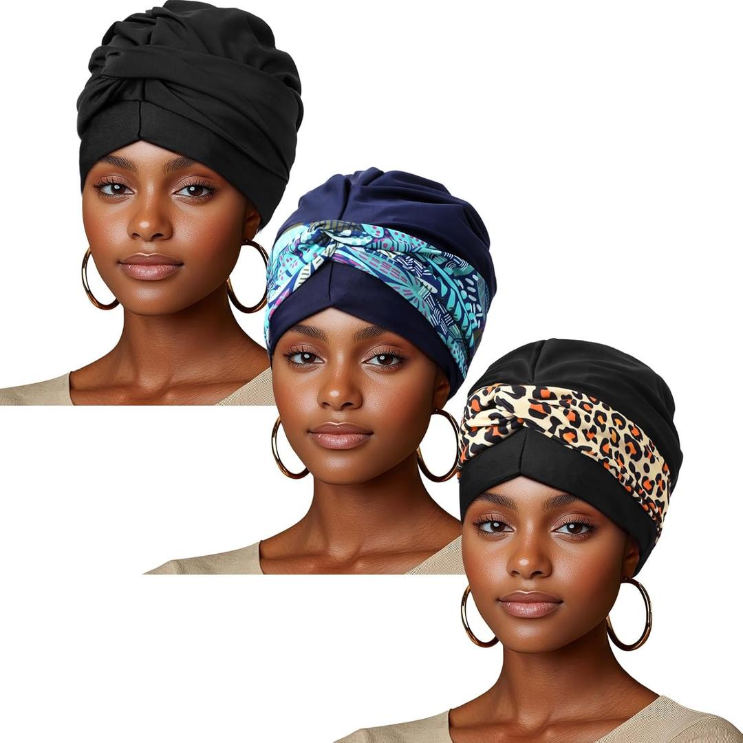 Soulchen 3 Pcs Swim Cap Large Swimming Turban for Women Youth Extra Large Swim Cap for Braids Thick Curly Hair Dreadlocks Weaves Braids XL Turban Keep Hair Dry (Black, Blue, Gray)