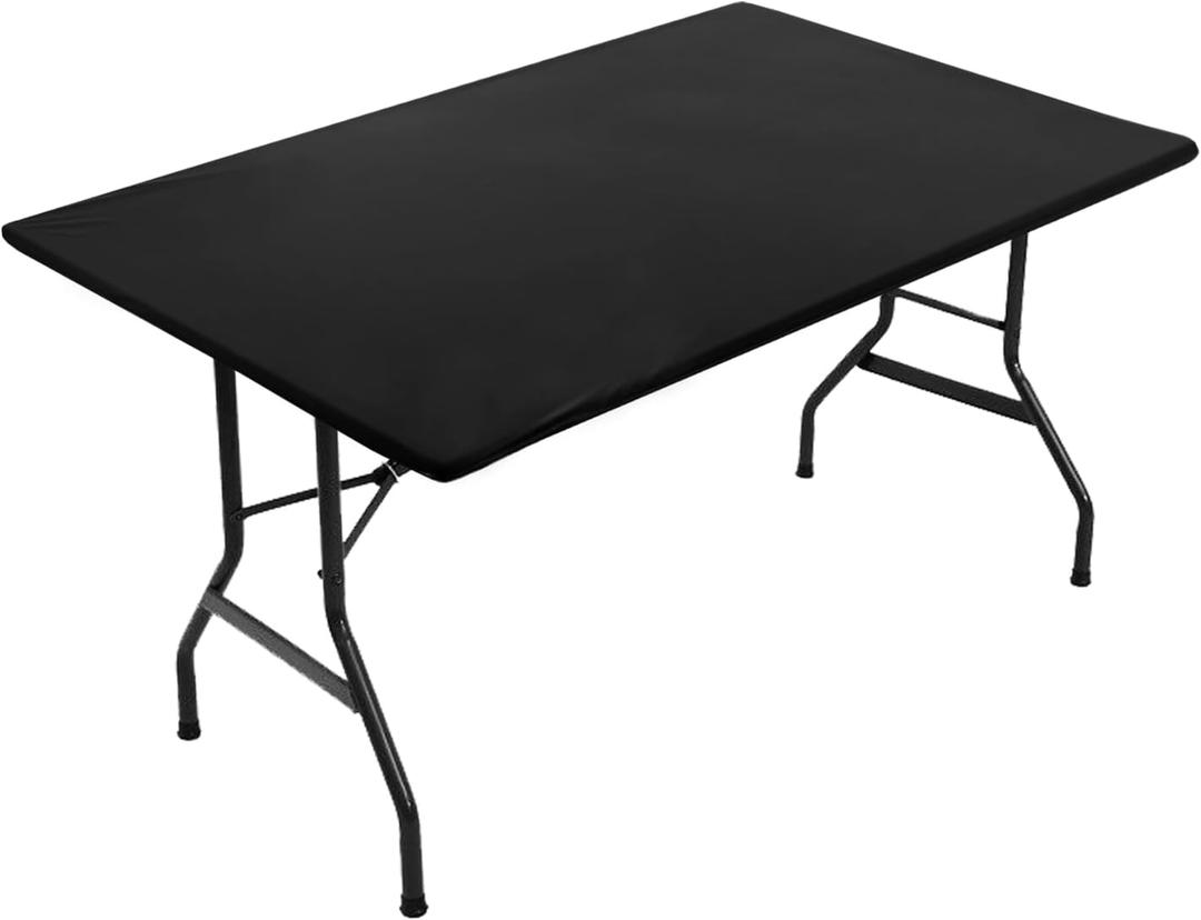 Obstal Fitted Table Clothes for 6 Foot Rectangle Tables, Reversible Waterproof Stain Resistant Elastic Stretch Tablecloth, Wipe Clean Table Cover for Outdoor/Indoor Use, Fits Tables 72x30 Inch, Black