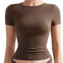 SUUKSESS Women Fitted Basic Tee Cotton Ribbed Crew Neck Summer Short Sleeve Y2K Crop Top (Brown, XS)