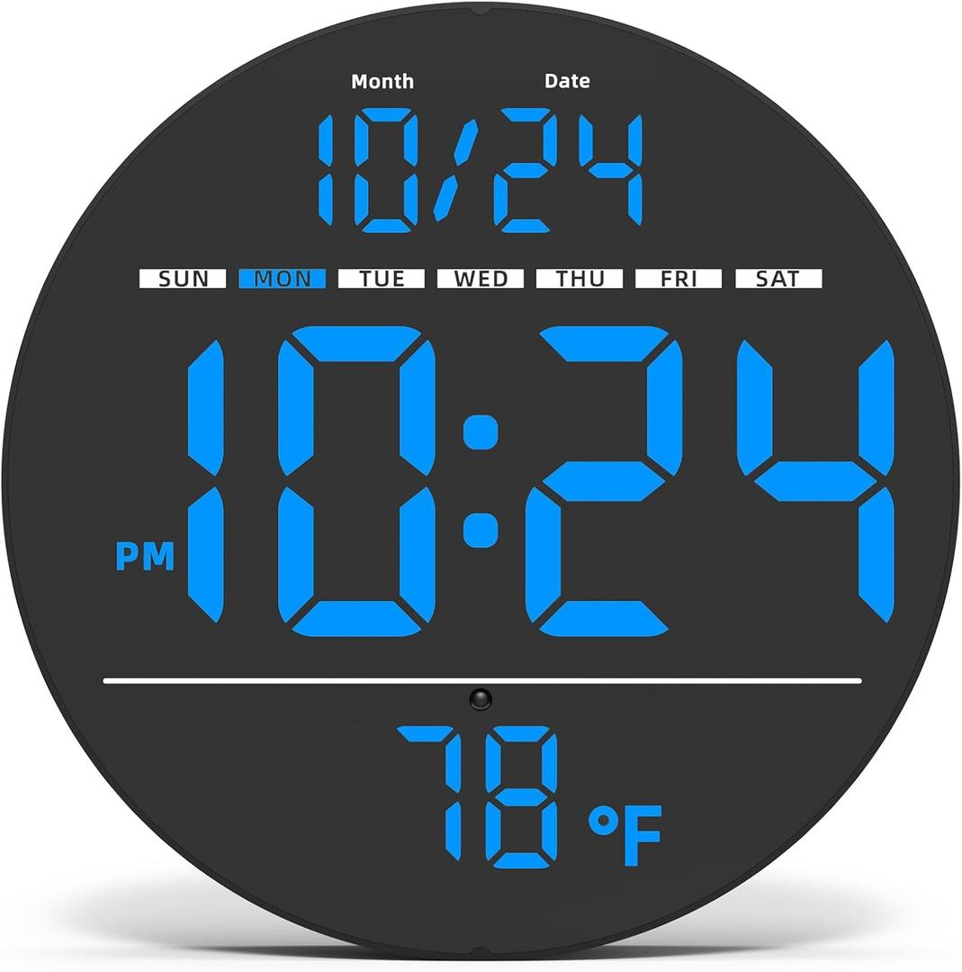 Digital Wall Clock with Large LED Display, Date, Temperature, Auto-Brightness | Small [PLUG-IN] Clock | Modern Electric Wall Clock for Bedroom, Classroom, Living Room, Home, Office, Farmhouse - Blue