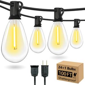 100FT S14 E12 Outdoor String Lights Waterproof Patio 24+1 (1 Spare) bulb | Outside Hanging Shatterproof S14 E12 LED Light Bulb for Parties Porch Garden Fences Backyard Outdoor Indoor