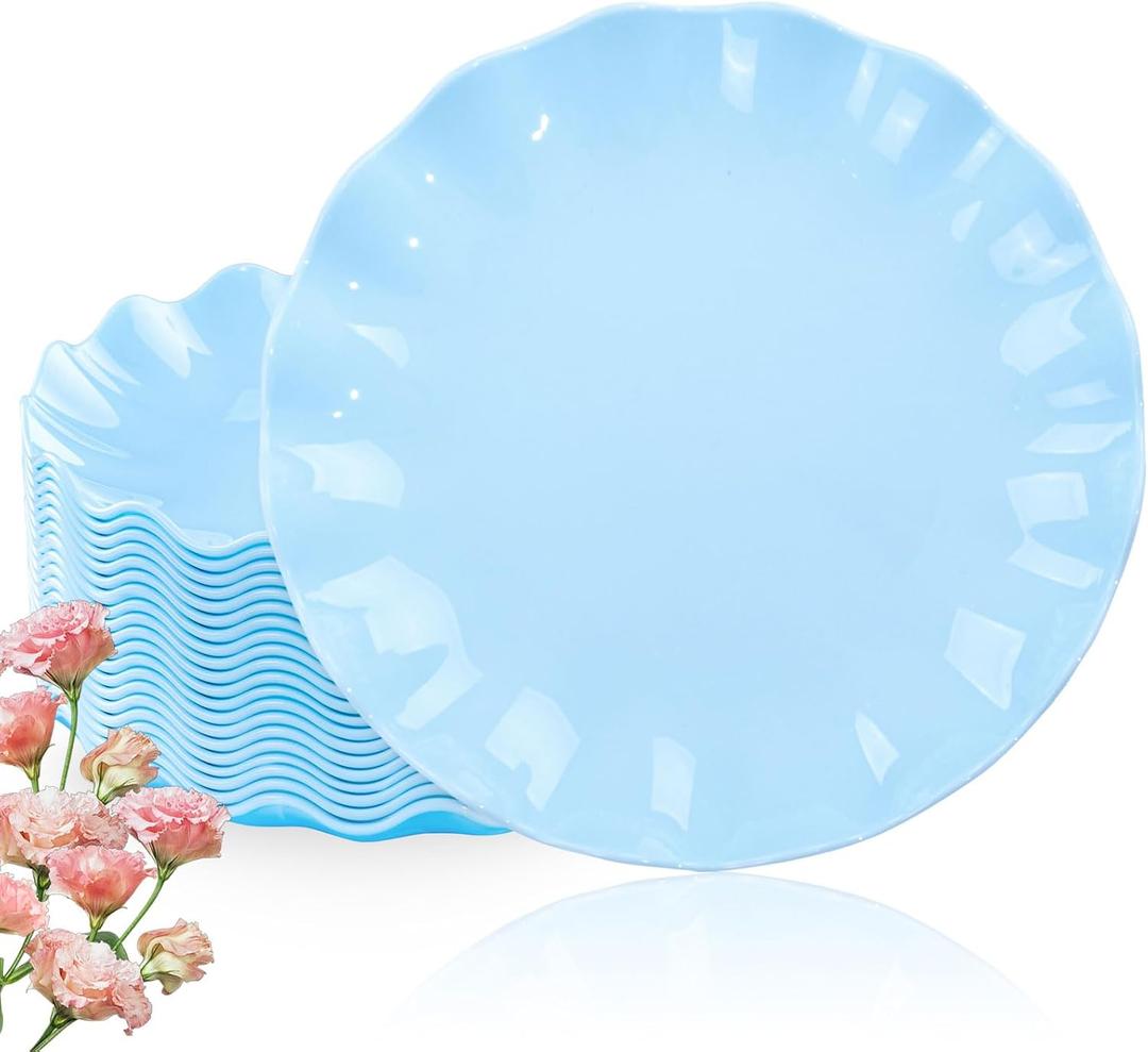 LIYH 20 Pcs Light Blue Plastic Plates Reusable 10 In - Unbreakable Scalloped Dinner Plates for Baby Shower Party Outdoor Picnics Dishwasher Safe BPA Free (20Guests)